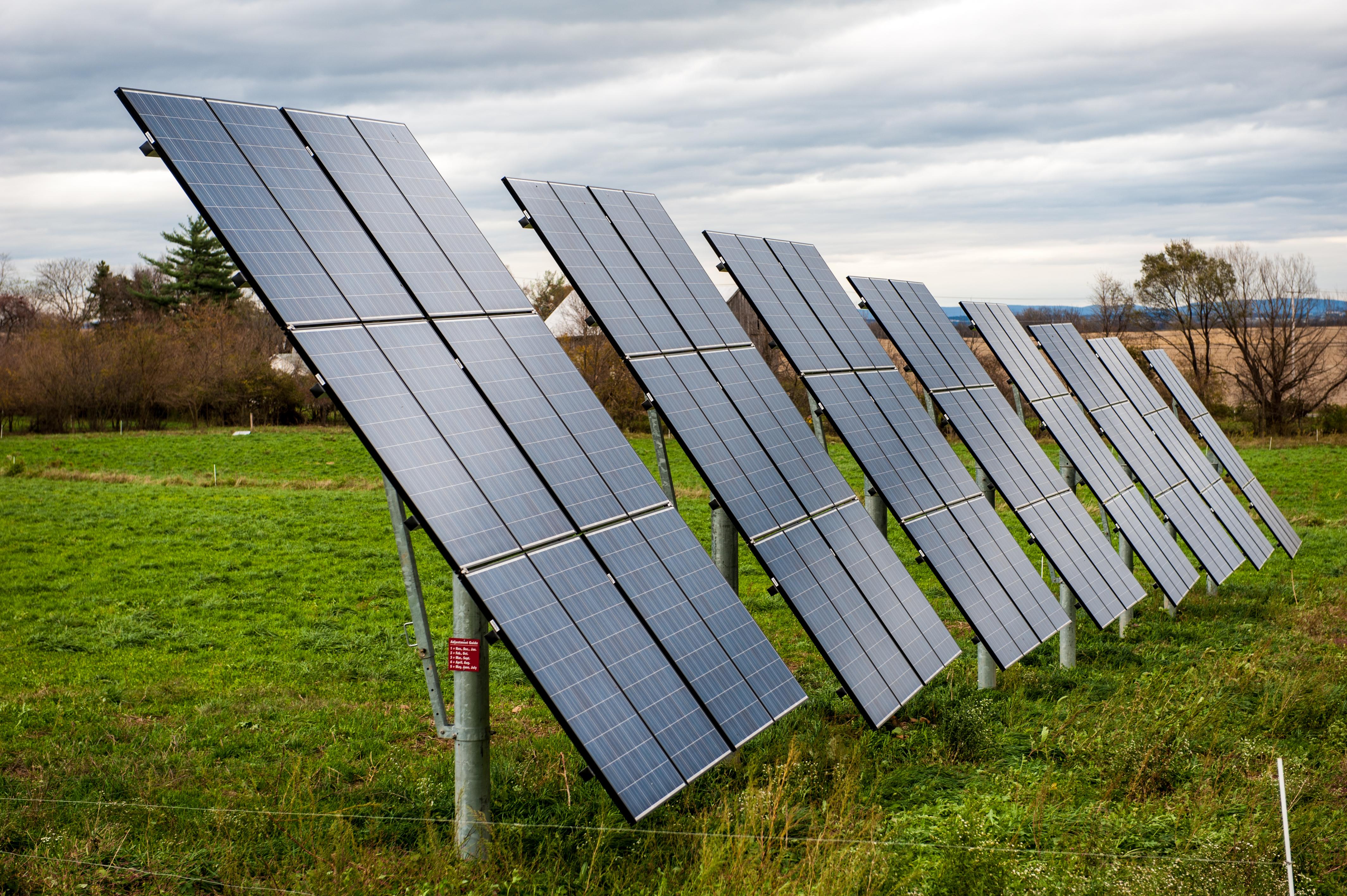 Solar panels in a green, grassy field 