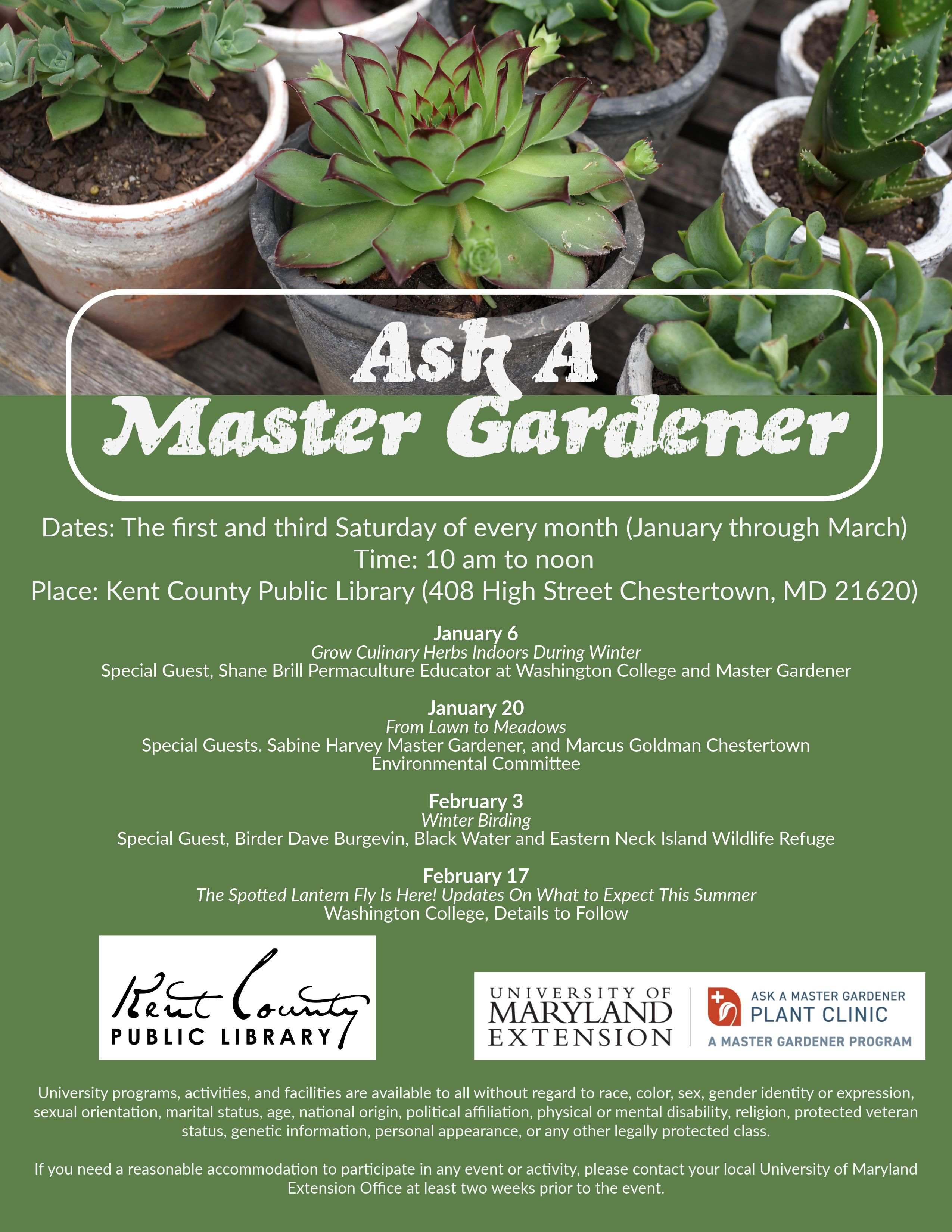 This flier shows the location, dates, and times of the plant clinic.