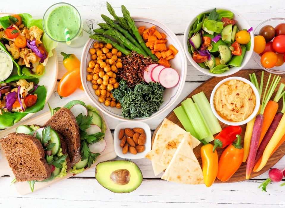 large variety of fruits, vegetables, legumes and grains