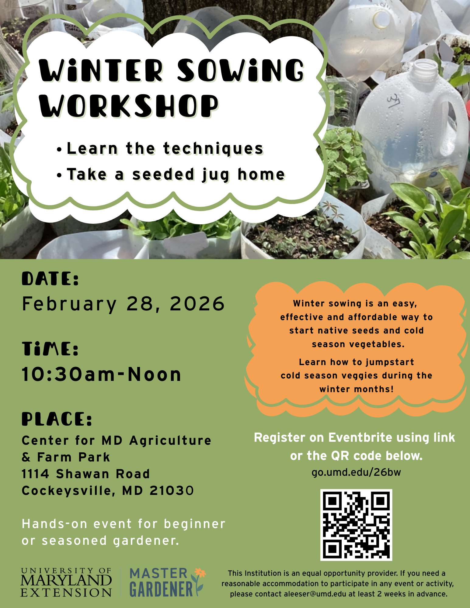 Flyer for the Winter Sowing Workshop hosted by UME Master Gardeners on February 28, 2026 from 10:30am to 12pm.