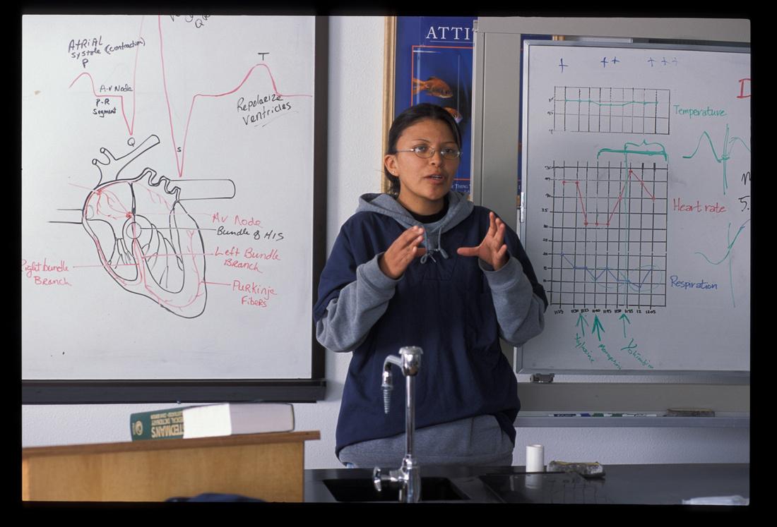 Teacher standing in front of graph and diagram