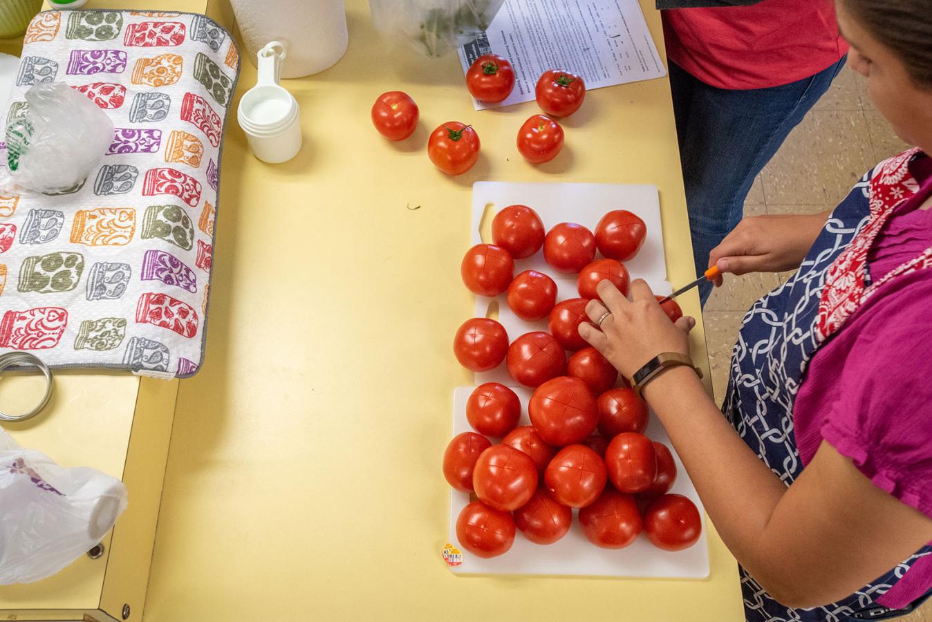 Person cutting up tomatoes